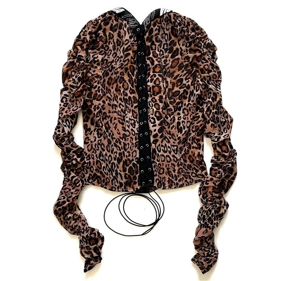 I.AM.GIA Long Sleeve Chelsea Leopard Corset Top XS Lace Up Back Ruched Sleeves - Picture 8 of 11